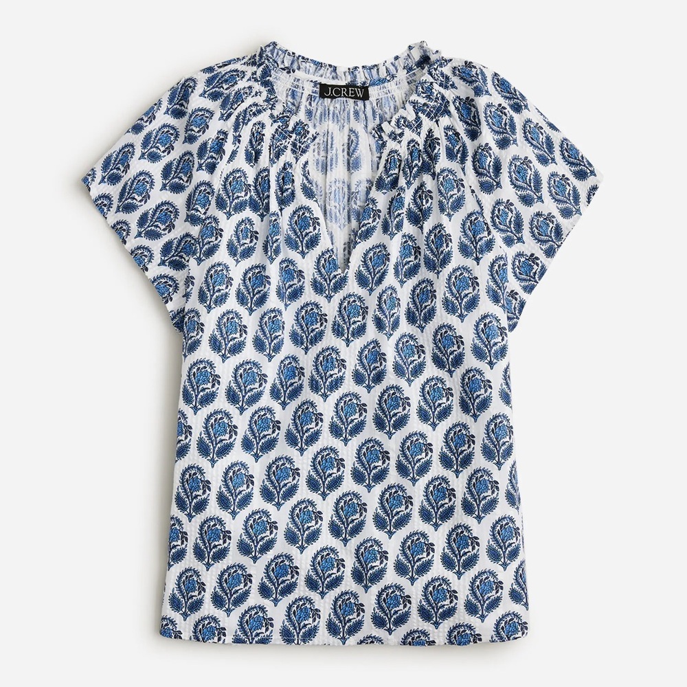 J. Crew Smocked flutter-sleeve top in bouquet block print- size Medium M